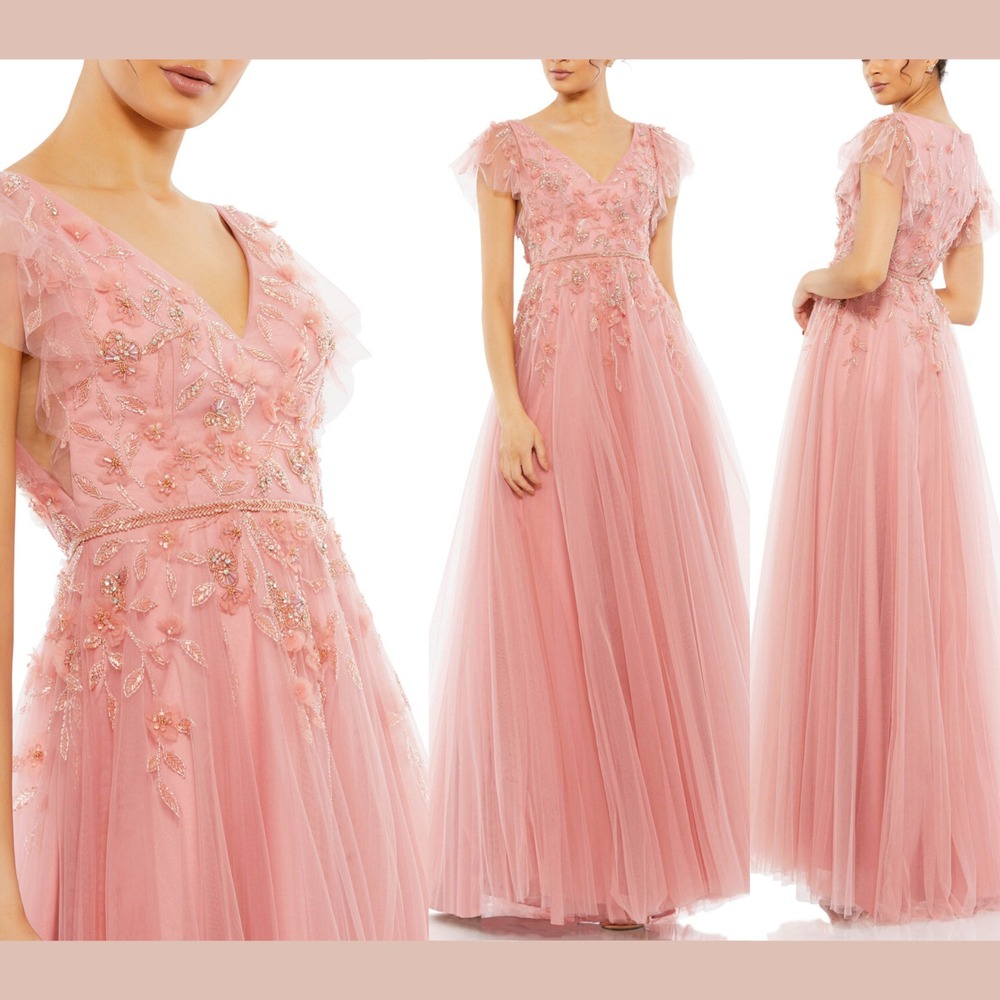 NEW $698 MAC DUGGAL‎ [ 10 ] 11224 Embellished Cap Sleeve V Neck Gown Pink S1926
